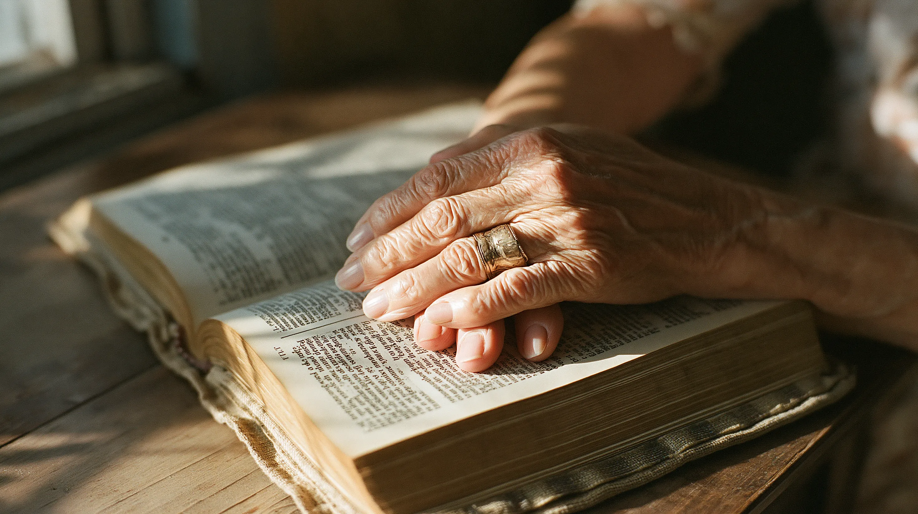An older woman's hands resting on the open pages of a cloth bound book, a worn wedding ring, warm light from a window to the left.