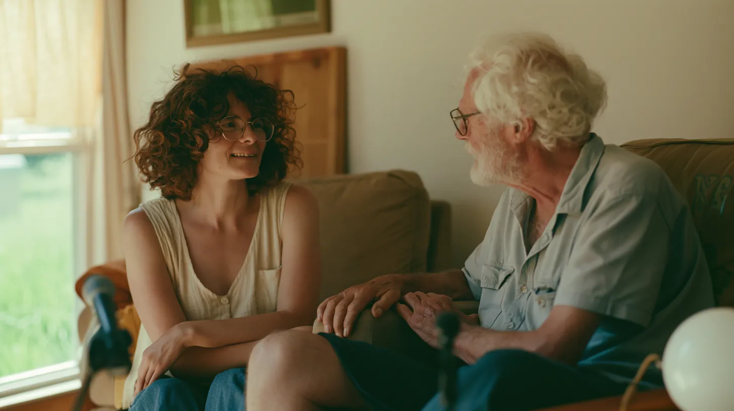 A daughter and her father seated across from each other in warm window light, mid conversation, a microphone stand at the edge of the frame.